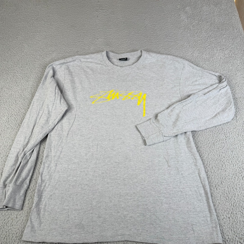 Stussy T Shirt Mens L Heather Gray Yellow Long Sleeve Streetwear Skate Graphic
